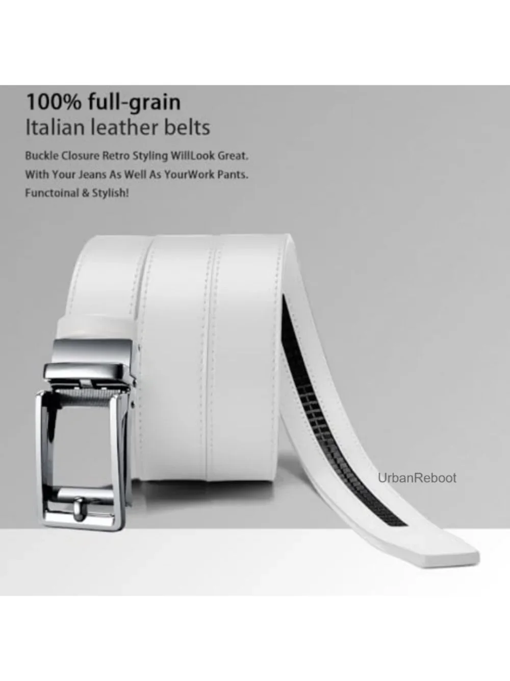 Men's Ratchet Leather Dress Belt, Adjustable Slide Buckle, 1 3/8